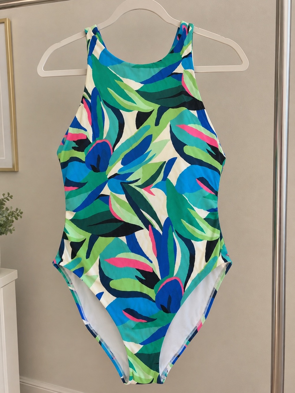 Shade & Shore Women’s One-Piece Swimsuit in Green, Blue & Pink Leaf Print